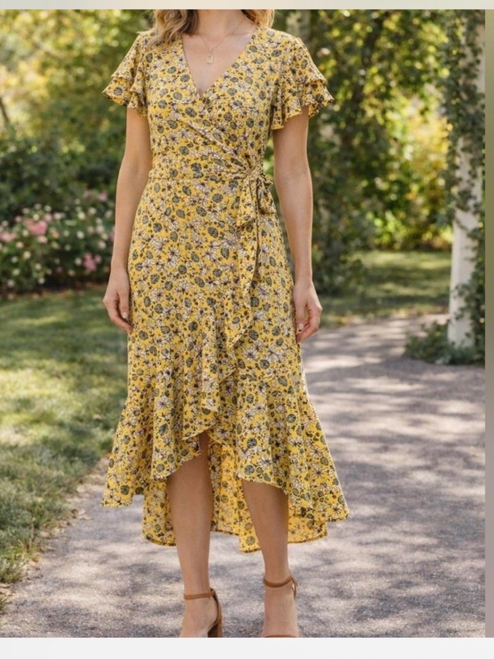 NWT Max Studio Yellow Floral Ruffle Wrap High-Low Midi Dress - Size L